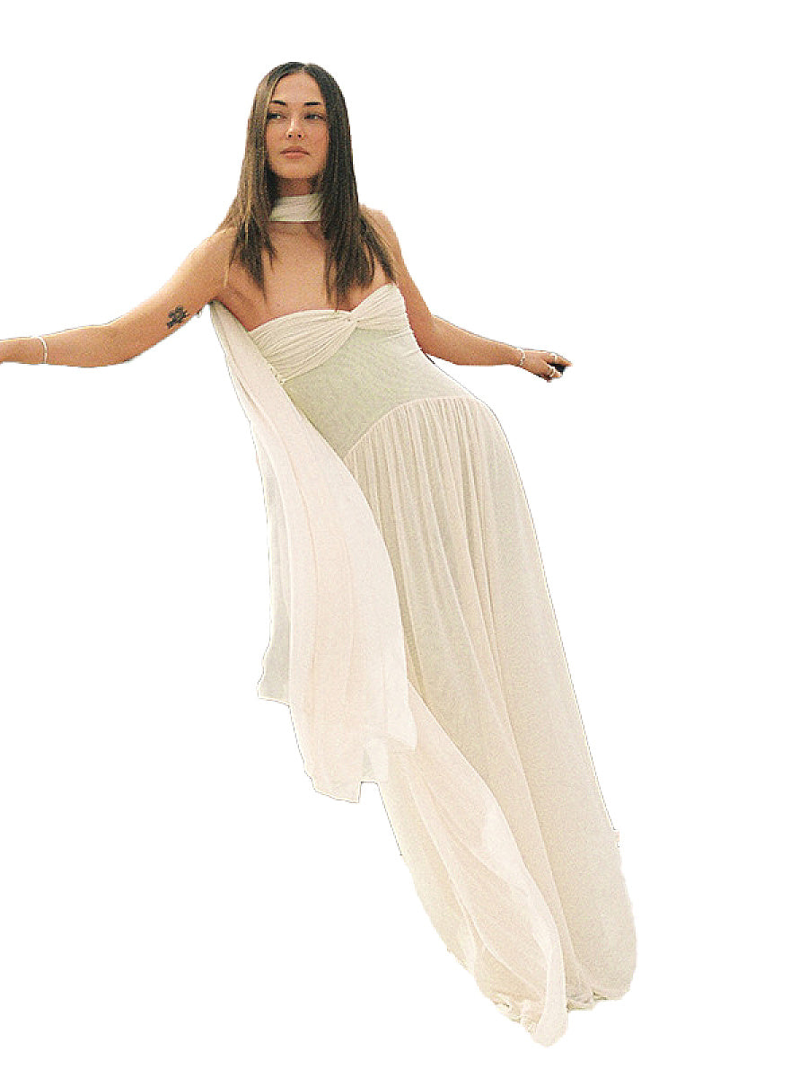 Chic Strapless Long Dress with Flowing Ribbons