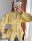Stylish French Waist-Defined V-Neck Shirt for Women