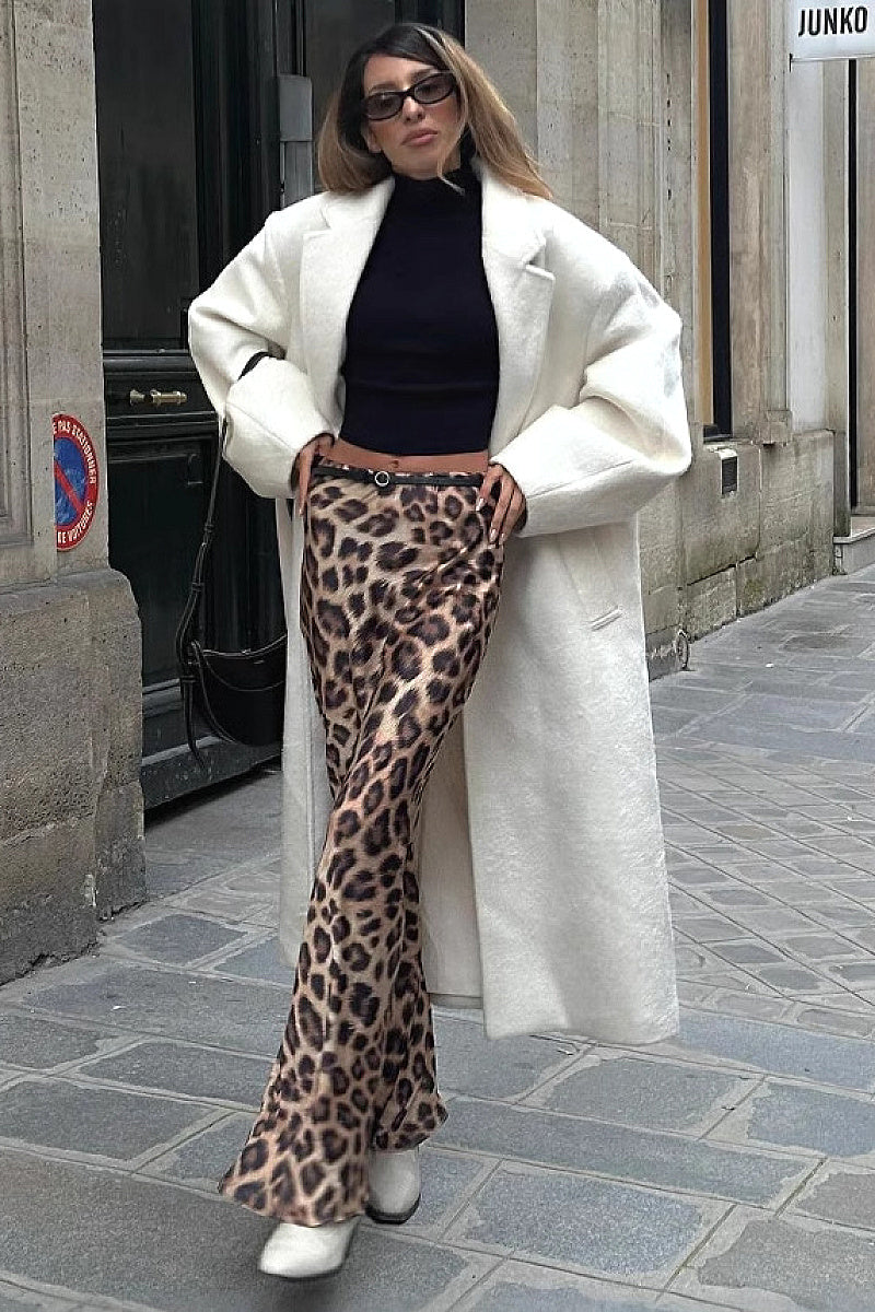 Elegant Satin Leopard Print Midi Skirt