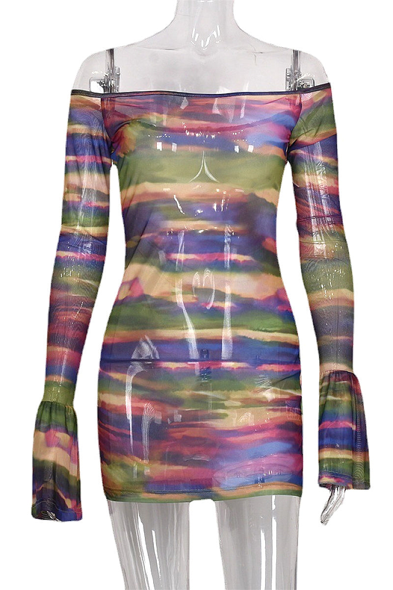 New Sheer Color Block Long Sleeve Dress