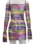 New Sheer Color Block Long Sleeve Dress