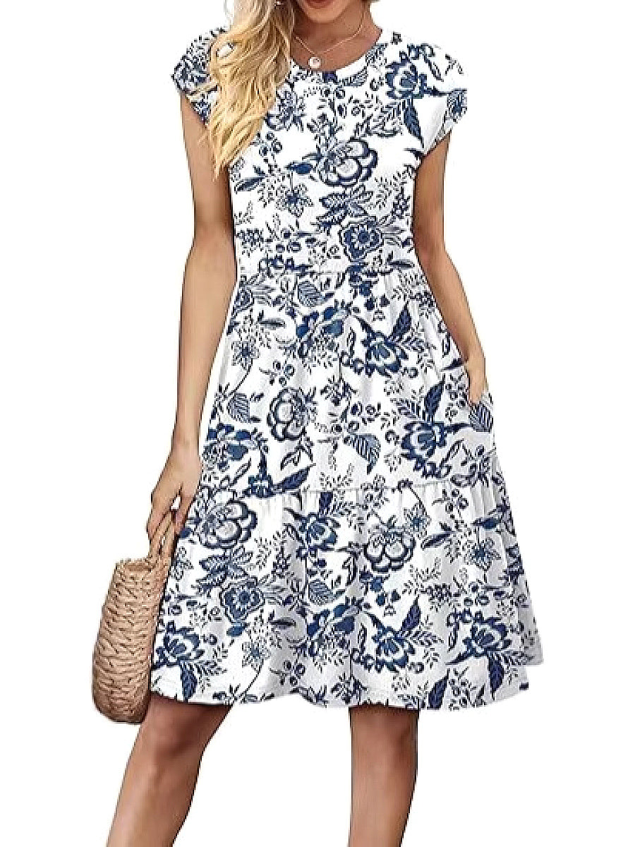 Fashionable Printed Dress with Cap Sleeves