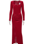 Elegant Long Sleeve Velvet Dress with Slit