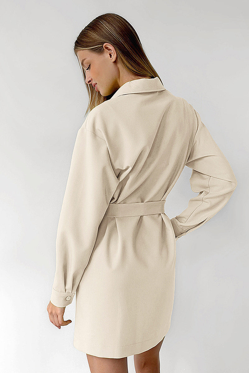 Retro Khaki Work Dress with Belted A-Line Style