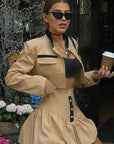 Chic Khaki Two-Piece Suit with Skirt and Jacket