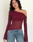 Fashionable Casual Sheer Shoulder Long Sleeve Top