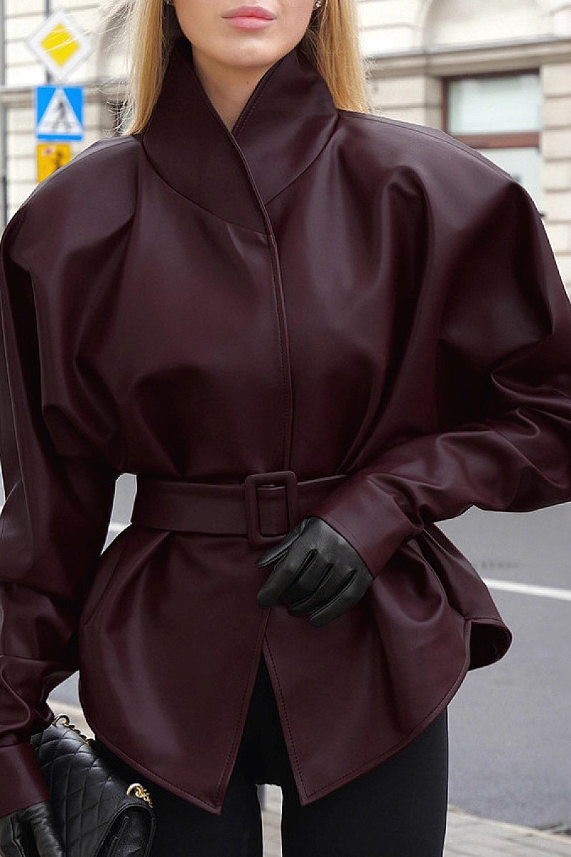 Vintage Burgundy PU Leather Jacket with Belt