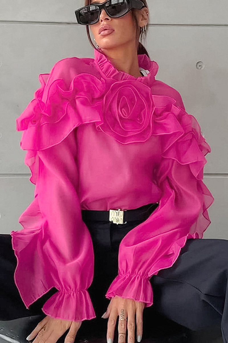 French Style Summer Sheer Collar Blouse with Ruffles