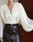 Loose Fit V-Neck Puff Sleeve Women's Shirt