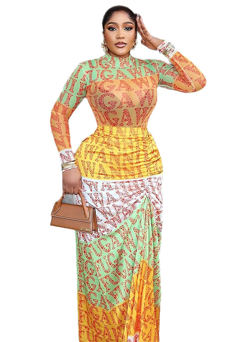 Elegant Printed Long Sleeve Bodycon Dress