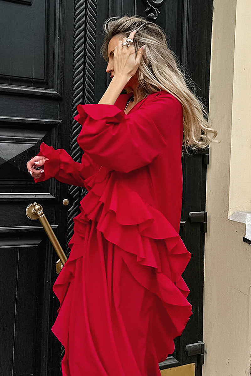 Red Ruffled A-Line Dress with Lantern Sleeves
