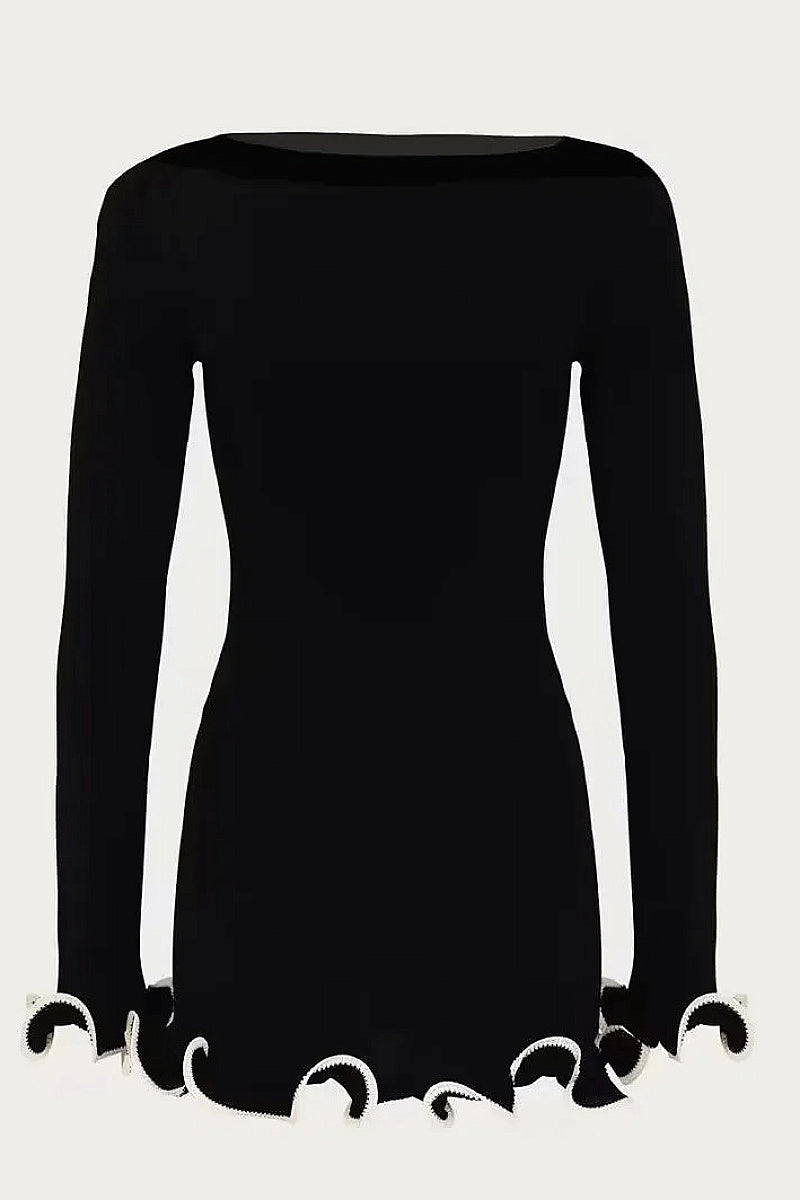 Elegant Ruffled Hem Long Sleeve Knit Dress