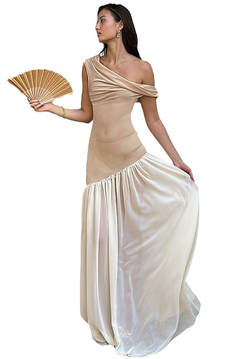 Elegant Asymmetrical Shoulder Mesh Dress