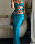 Hollow Out Metal Buckle Split Neck Halter Dress