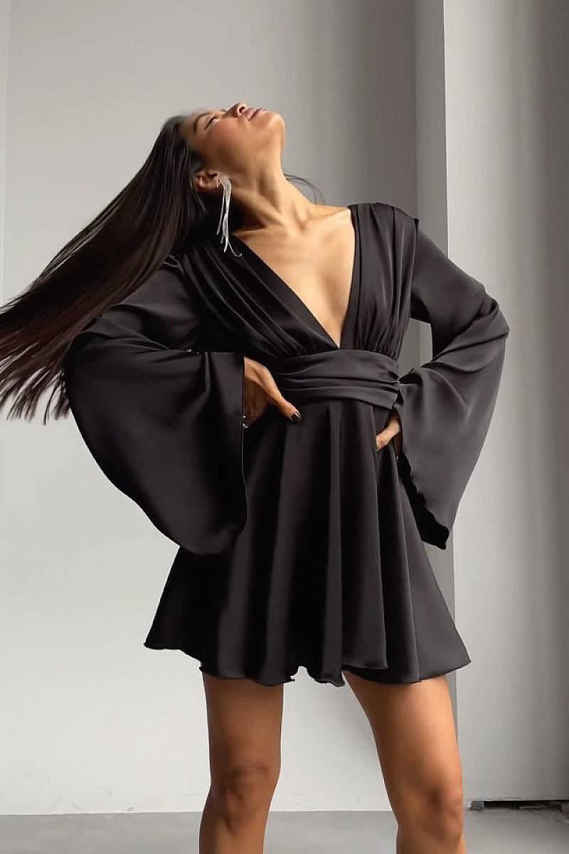 Elegant French Satin Long Sleeve Dress with V-Neck
