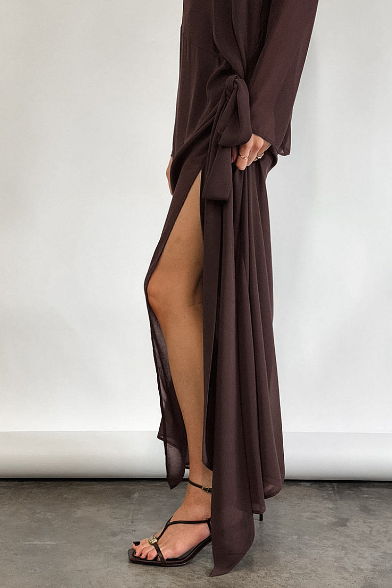 Brown Mesh Design Long Sleeve Dress with Bow Tie