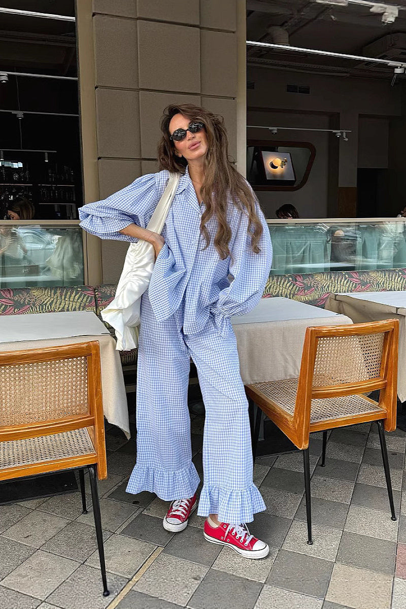 Autumn New Plaid Ruffle Casual Set for Women