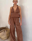 Chic Brown Cotton Linen Two-Piece Set