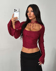 Lace Sheer Long Sleeve Top with Tie