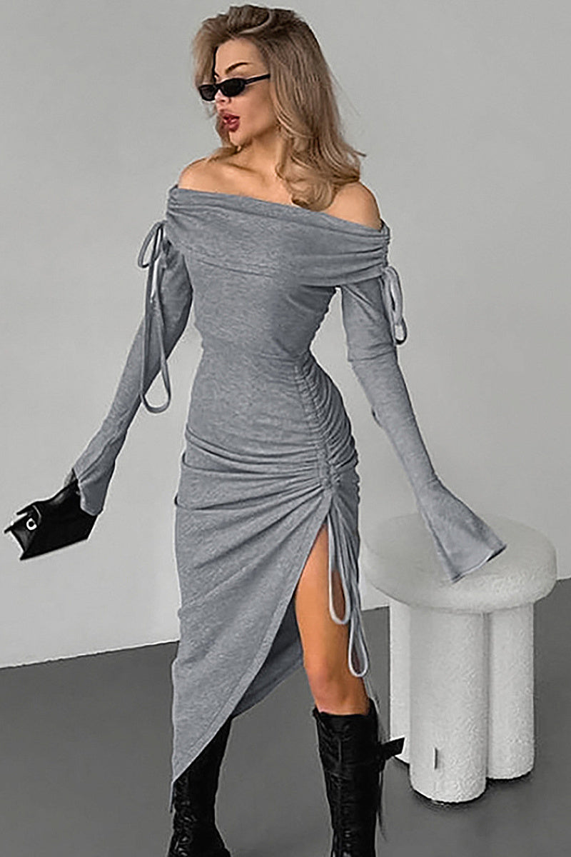 Elegant Off-Shoulder Tie Waist Bodycon Dress