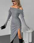 Elegant Off-Shoulder Tie Waist Bodycon Dress