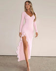 Sexy Deep V Neck Long Sleeve Ruffle Split Dress