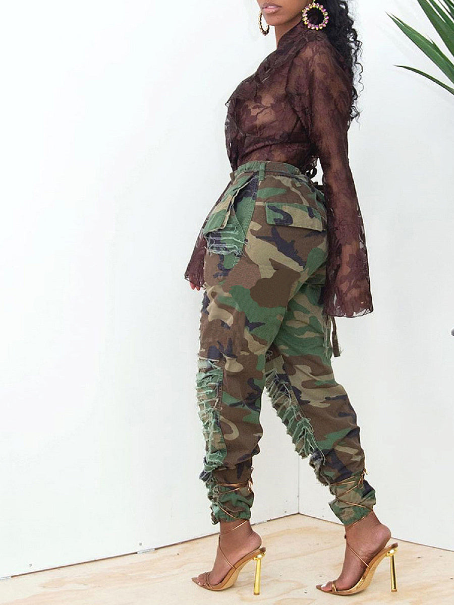 Camouflage Slim Fit Ripped Casual Pants
