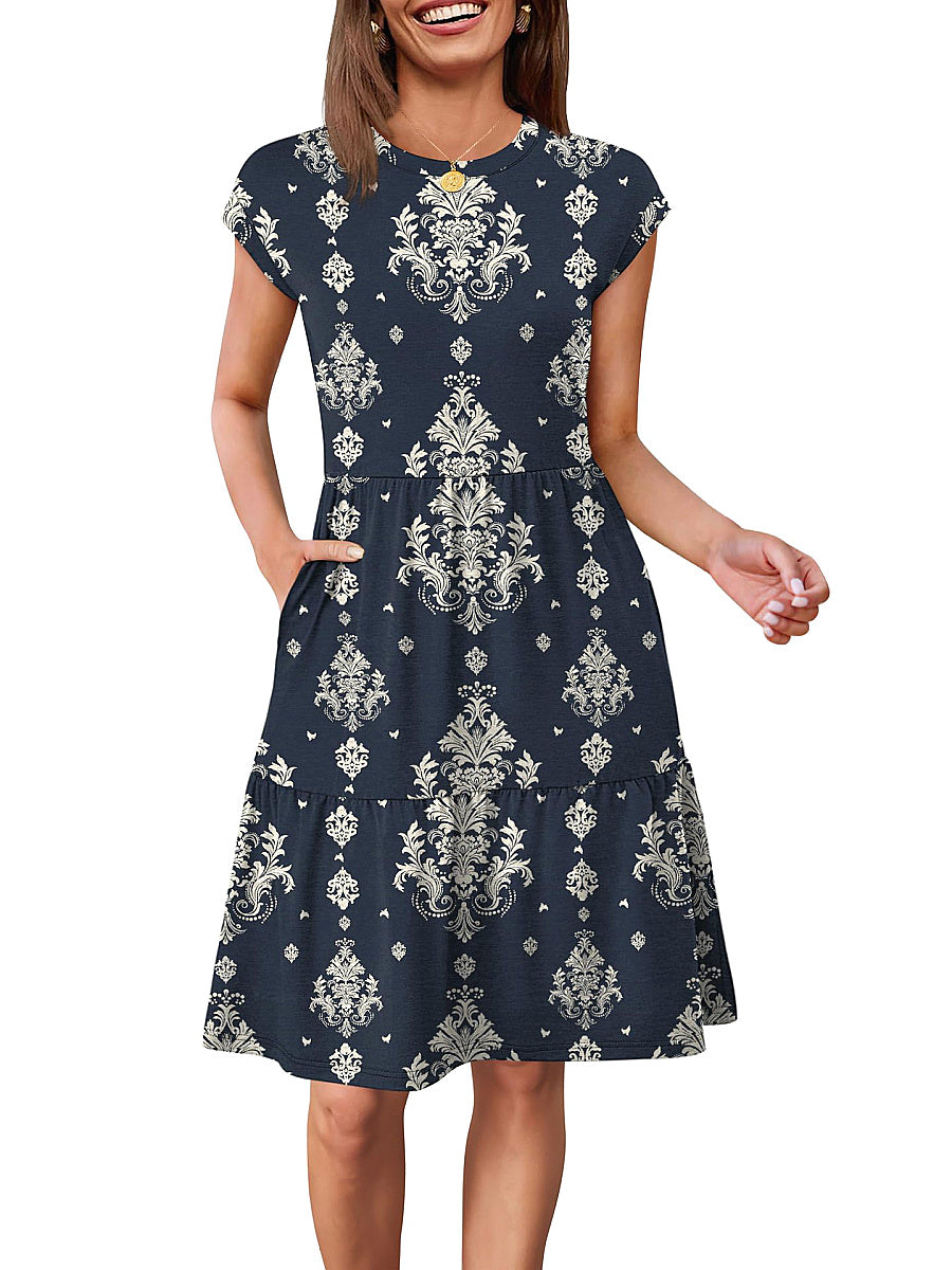 Fashionable Printed Dress with Cap Sleeves