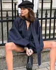 Blue Denim Two-Piece Set with Puff Sleeves