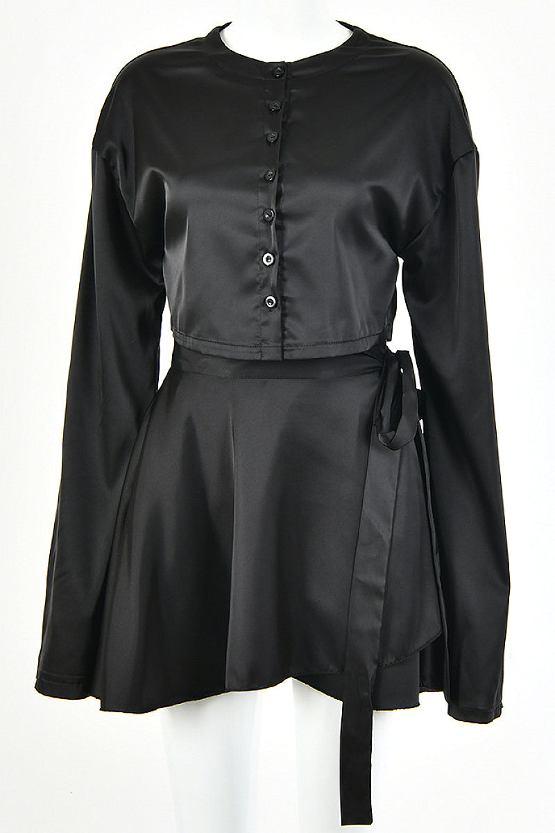 Elegant Satin Long Sleeve Button Cardigan Set
