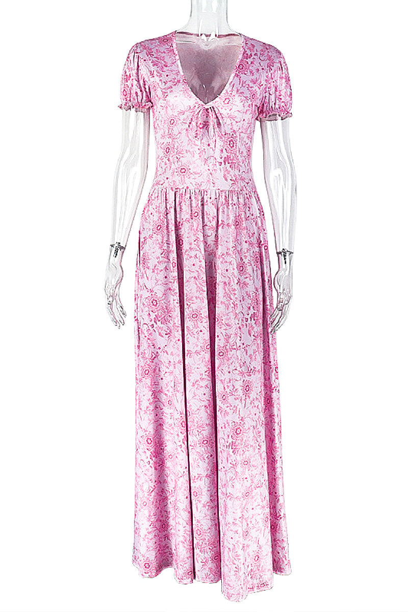 Elegant A-Line Dress with V-Neck and Puff Sleeves
