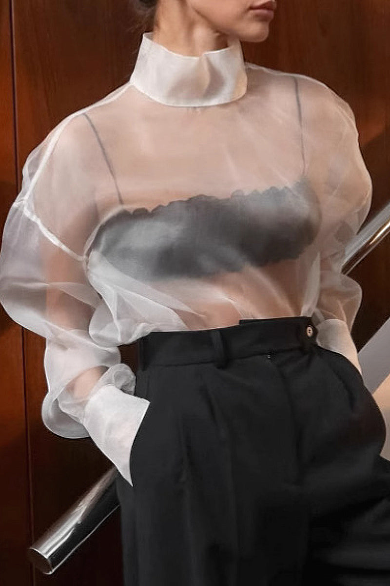 European and American Sheer Long Sleeve Blouse with Puff Sleeves