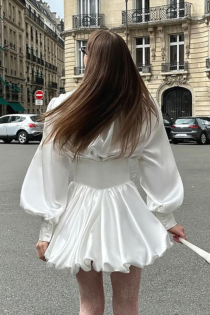 Elegant Vintage Autumn White V-Neck Lantern Sleeve Dress