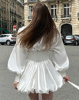 Elegant Vintage Autumn White V-Neck Lantern Sleeve Dress