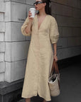 Casual Loose Cotton Linen Dress with Puff Sleeves