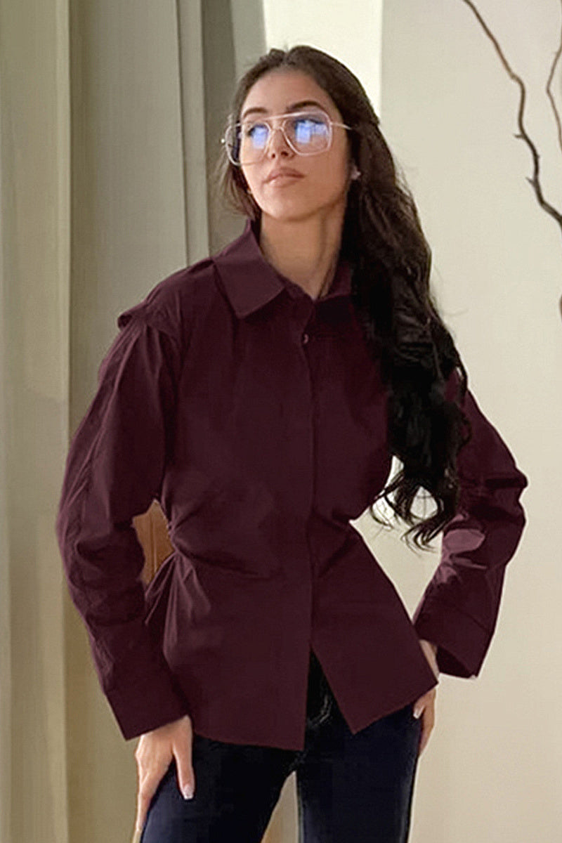 Spring Design Solid Color Waist Tie Shirt for Women