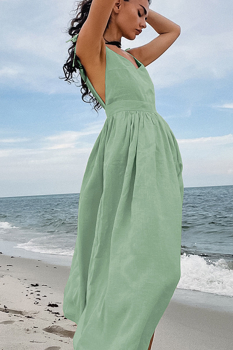 Summer Sexy Casual Khaki Cotton Linen Dress