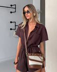 Solid Color Short Sleeve Jumpsuit with Shirt Collar