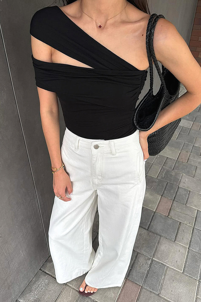 Stylish Asymmetrical Shoulder Knit T-Shirt for Women