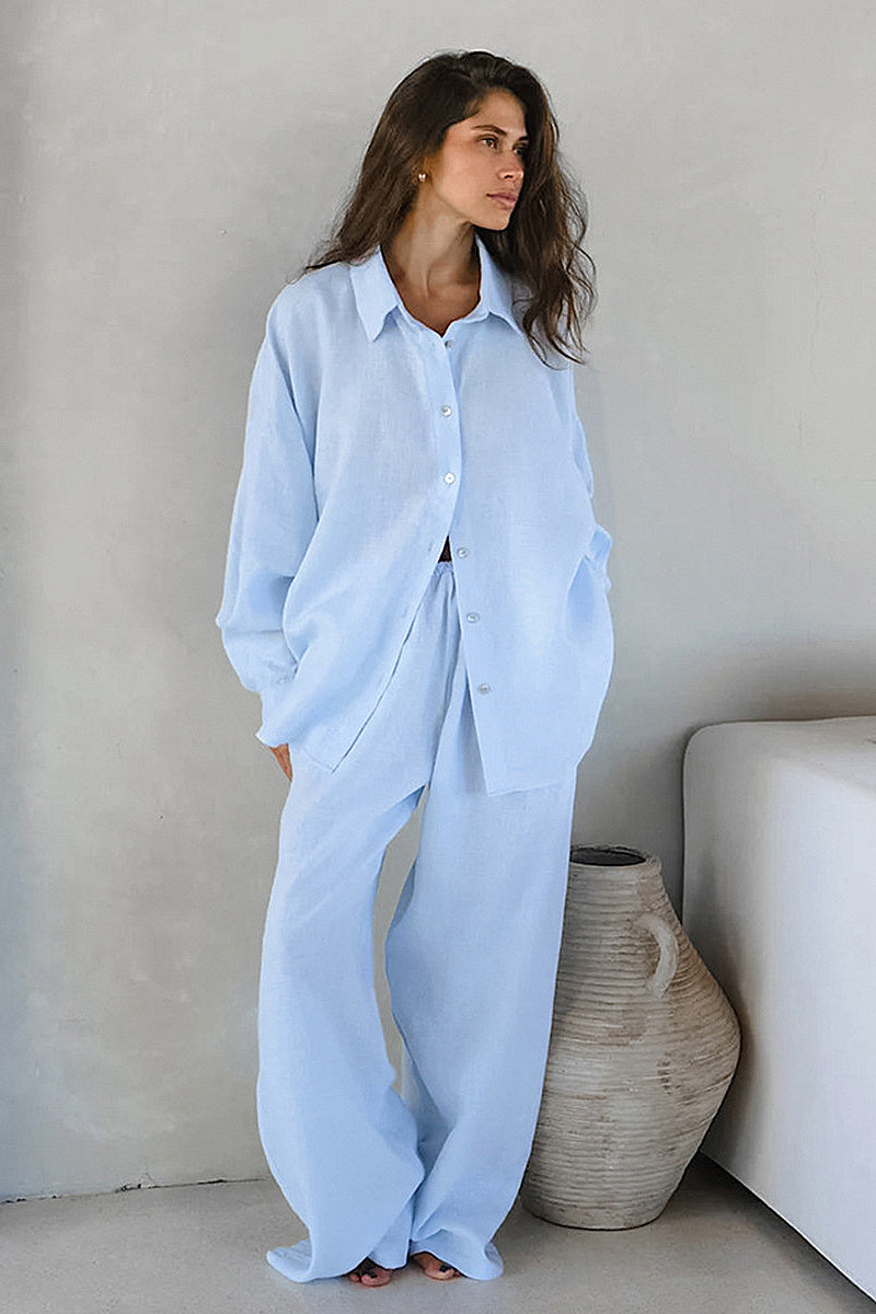 Casual Cotton Linen Khaki Shirt and Pants Set