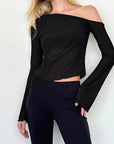 Fashionable Casual Sheer Shoulder Long Sleeve Top