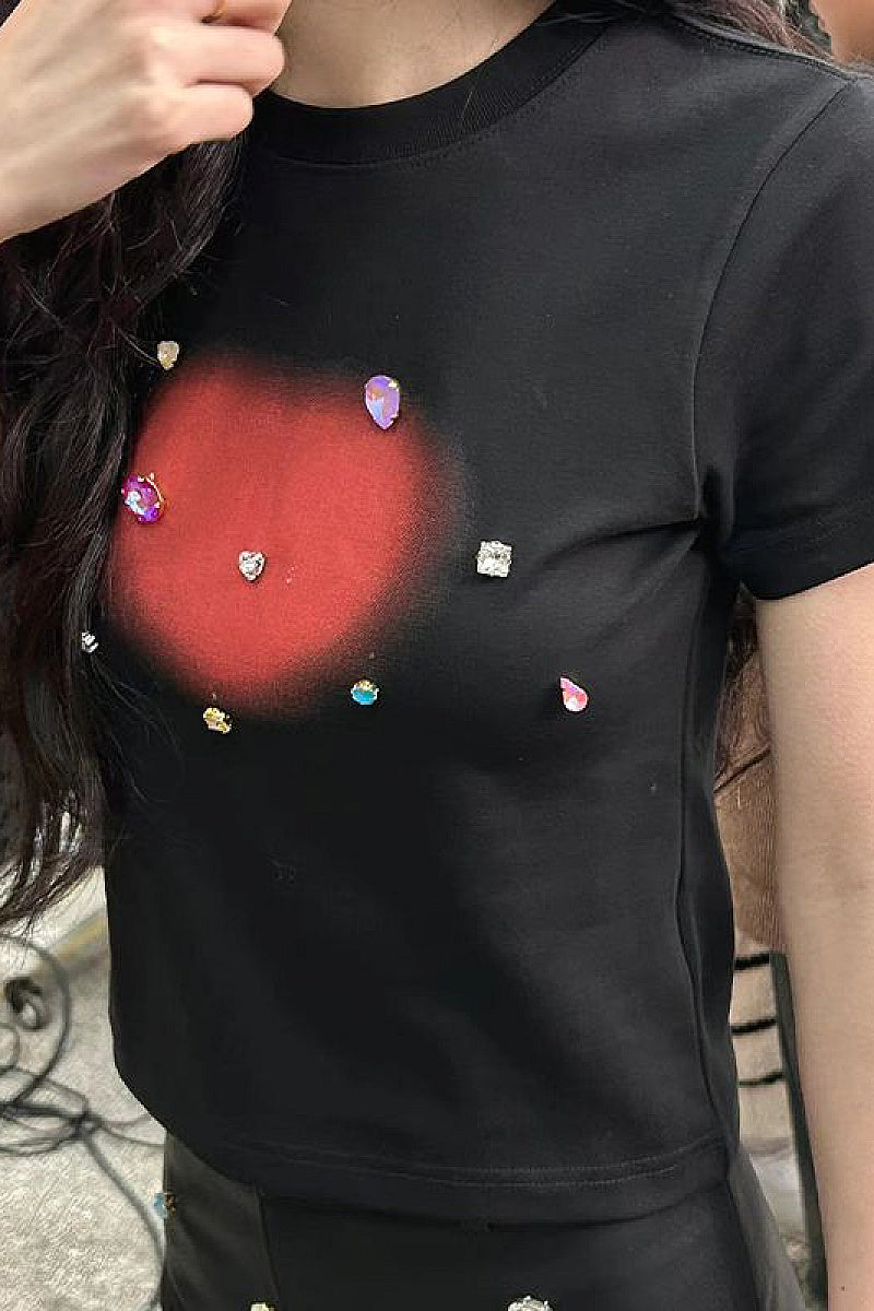 Y2K Heart Shaped Rhinestone Short Sleeve Top