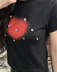 Y2K Heart Shaped Rhinestone Short Sleeve Top