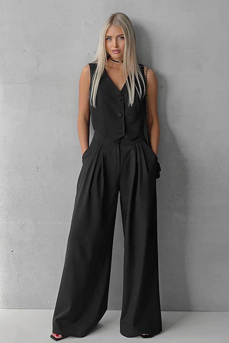 Spring Pink Sleeveless Vest and Wide Leg Pants Set