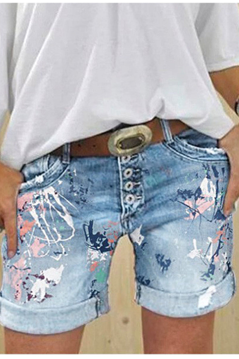High-Waisted Elastic Printed Denim Shorts