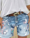 High-Waisted Elastic Printed Denim Shorts