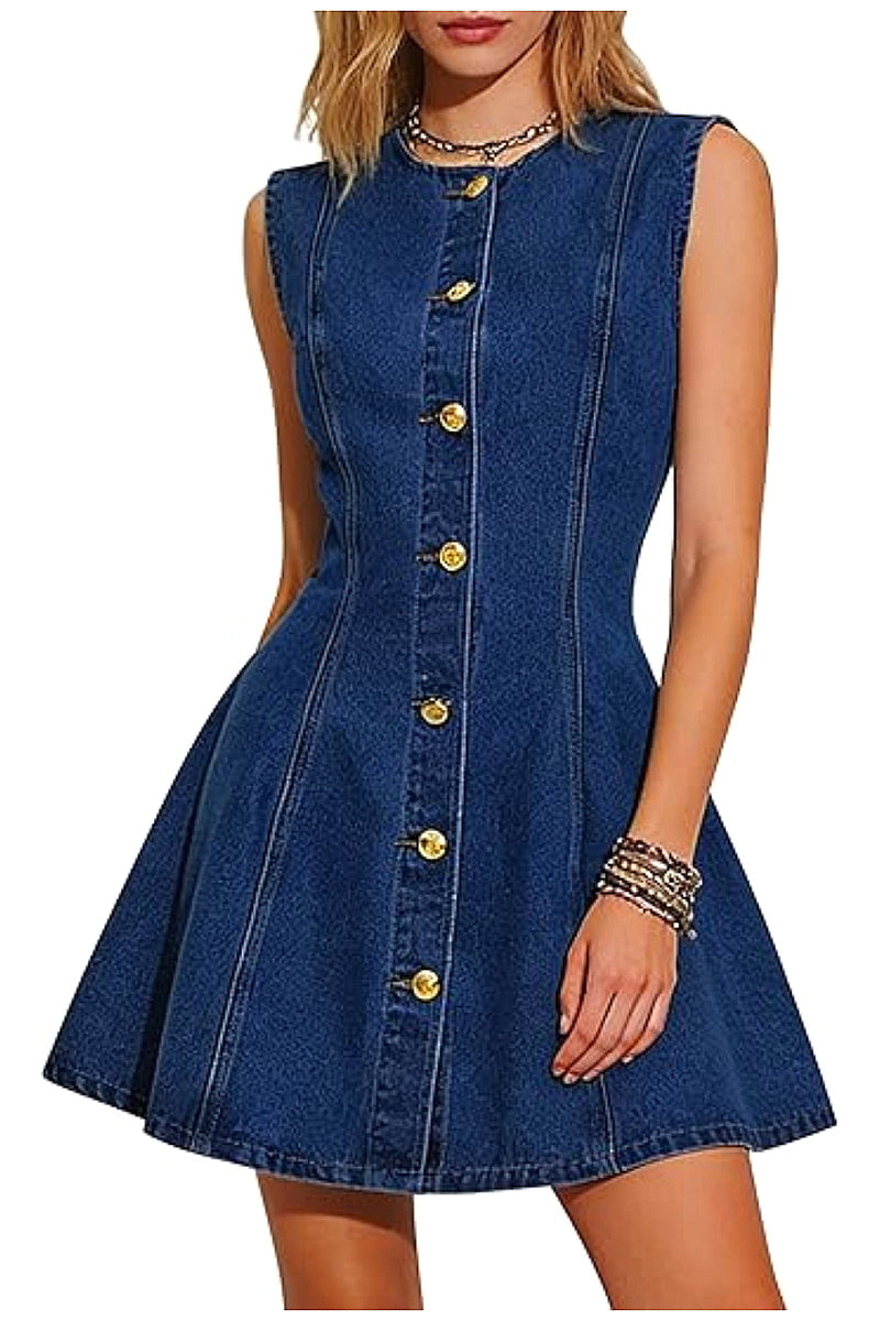 Women's Elegant Sleeveless Denim Dress with Pockets