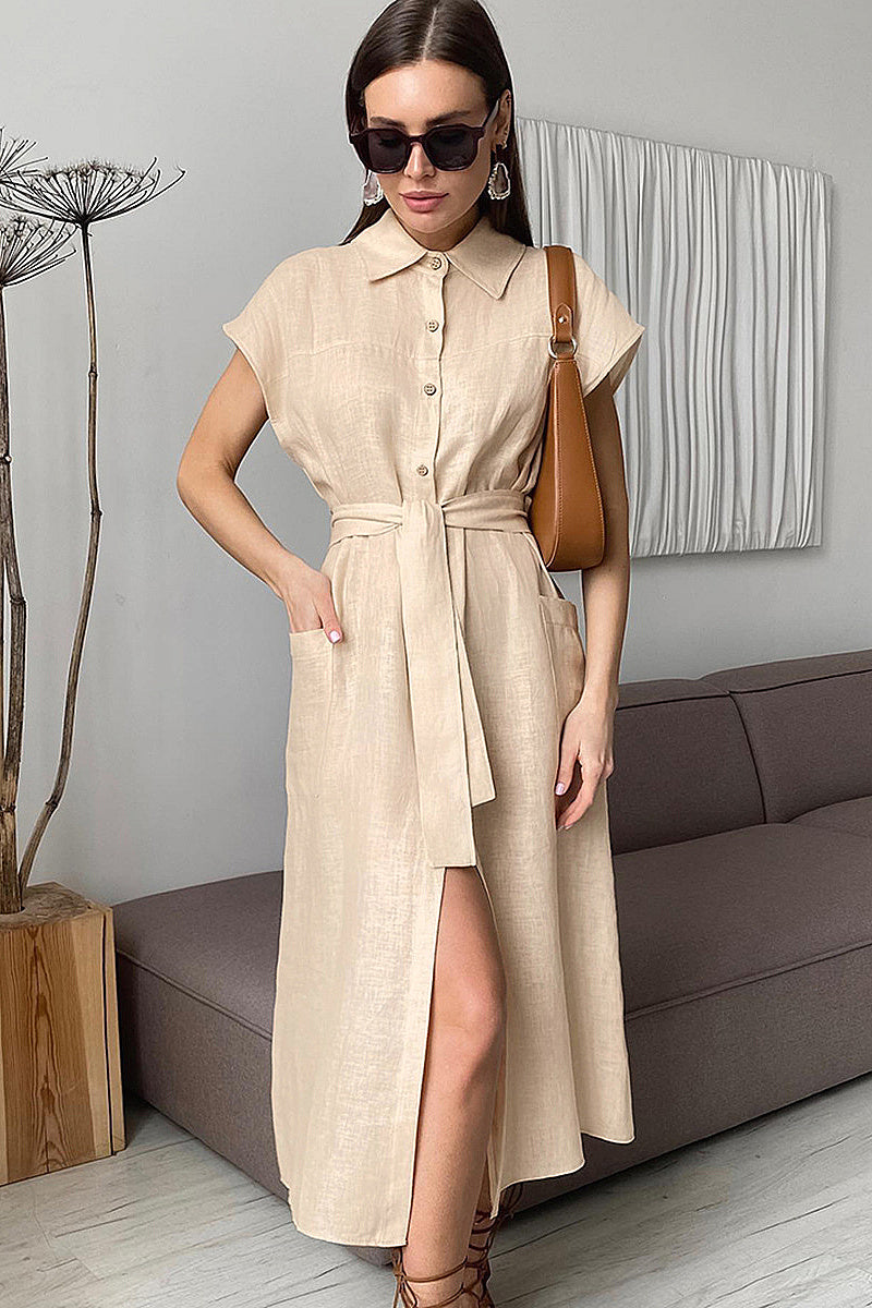 French Style High Waist Blue Cotton Linen Dress