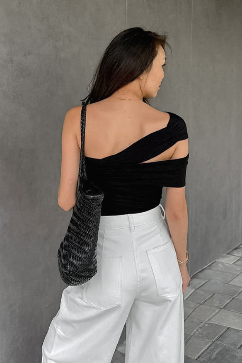 Stylish Asymmetrical Shoulder Knit T-Shirt for Women