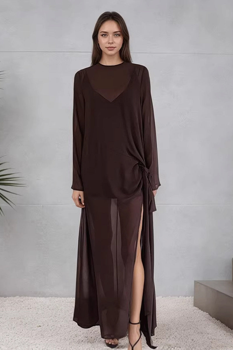 Brown Mesh Design Long Sleeve Dress with Bow Tie